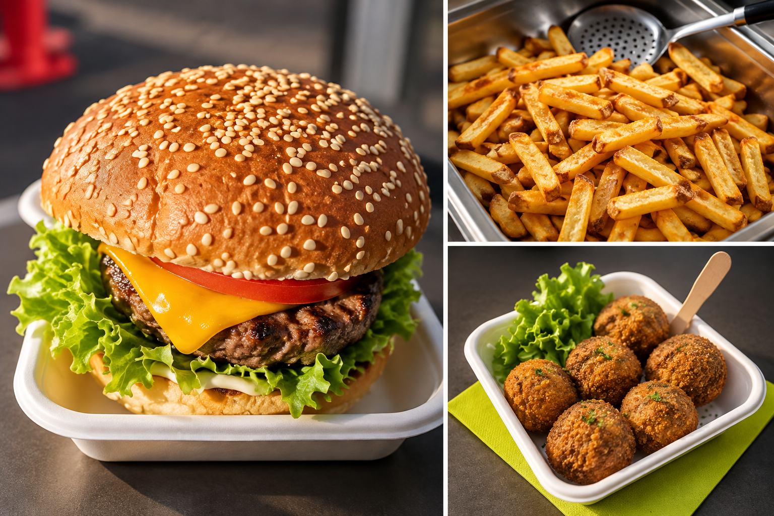 Burger, Pommes und knusprige Snacks